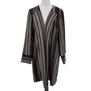 Chicos Jacket 3 Womens XL 16 Black Red Striped Lined Stretch Open Long Duster